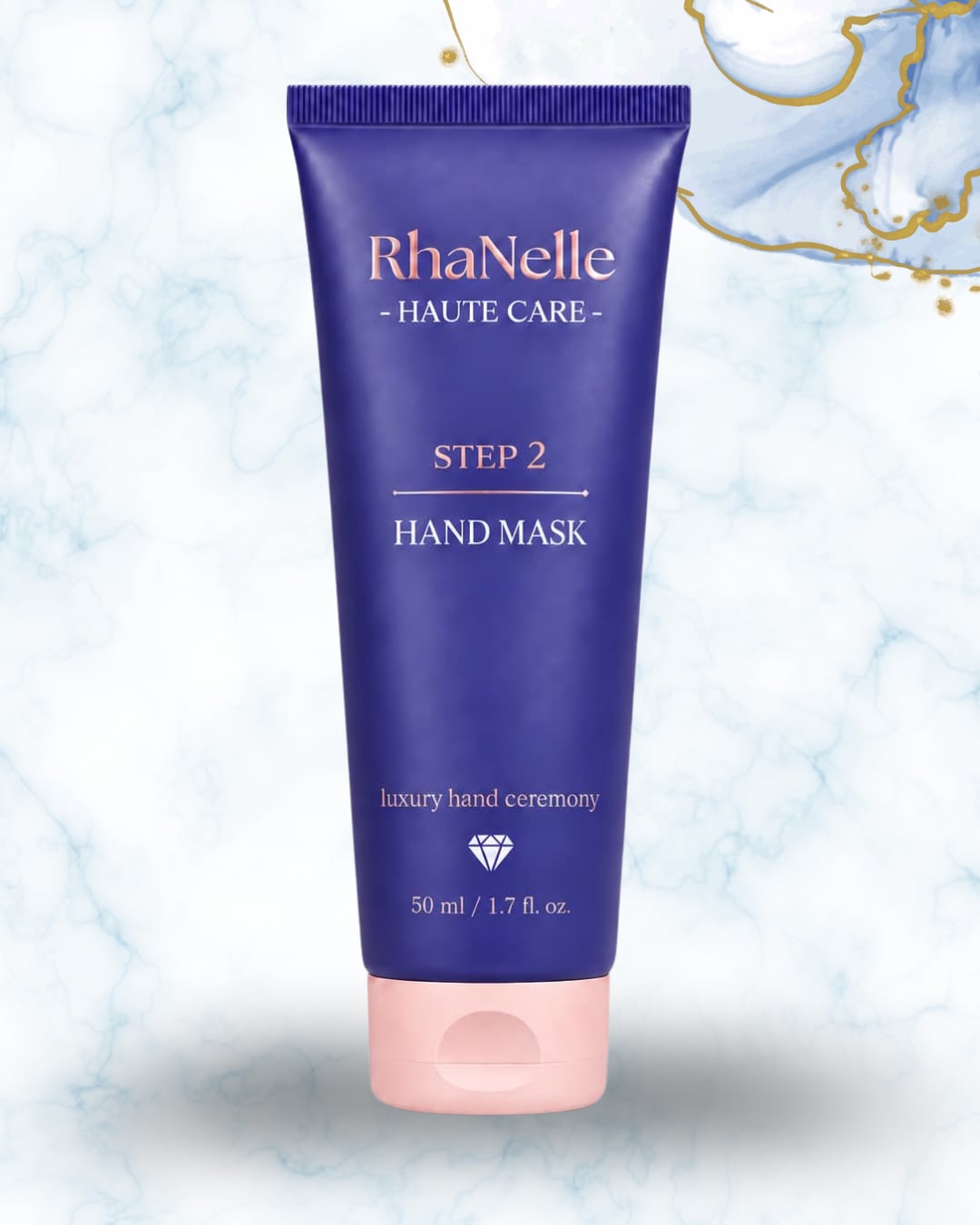 Туба RhaNelle Step 2 Hand Mask 50 мл върху светъл мраморен фон